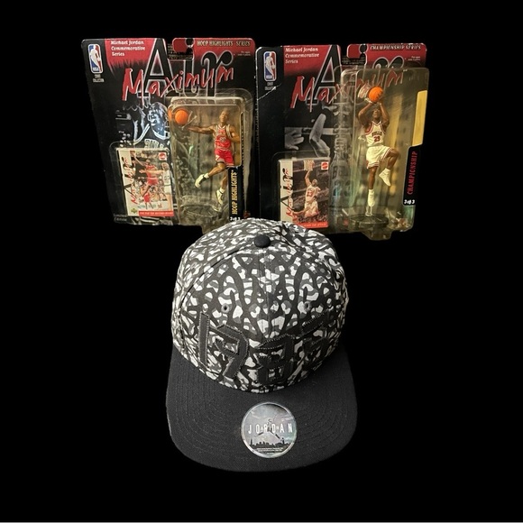 TWO MICHAEL JORDAN COMMEMORATIVE SERIES FIGURINES & MICHAEL JORDAN 1985 CAP - Picture 1 of 11